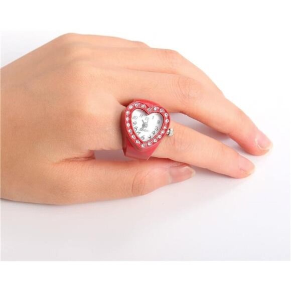 Romantic Red Heart Watch Ring – Crystal-Accented Timepiece Jewelry - Picture 2 of 6